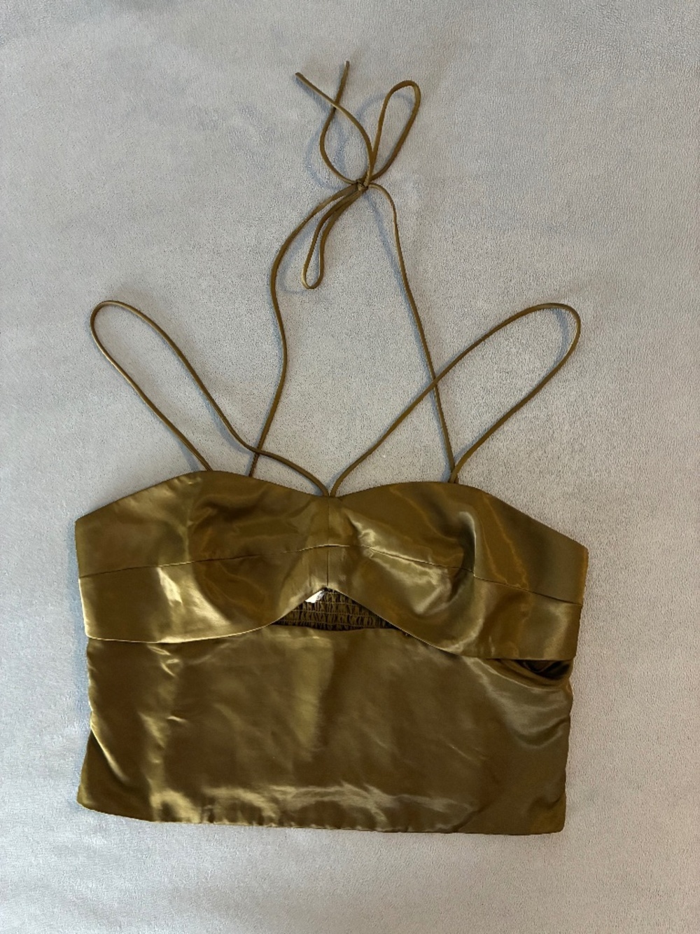 RW&Xo Metallic Olive Green Criss Cross Halter Cropped Tank Smocked Back